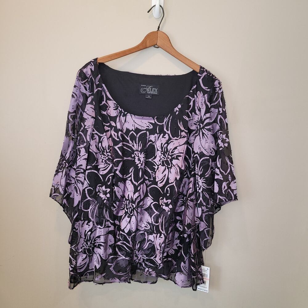 NWT Alex Evenings Womens Floral Print Asymmetric Tiered Chiffon Blouse Size 2X